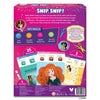 Back view of the Skillmatics Snip, Snip! Disney Princess box featuring a bright pink design with sparkles. The layout shows sample activity sheets, a glue stick, two child-safe scissors, and a large princess illustration. Icons highlight key skills such as fine motor, creative thinking, spatial reasoning, and focus. Text explains hand-eye coordination development and lists 25 activities with safety details.