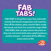 Fab Tabs product information graphic featuring a description of the mess-free tactile activity. The panel explains how children peel stickers, place colorful fabric textures, and reveal completed room scenes while encouraging imagination, creativity, interior design play, and sensory exploration.