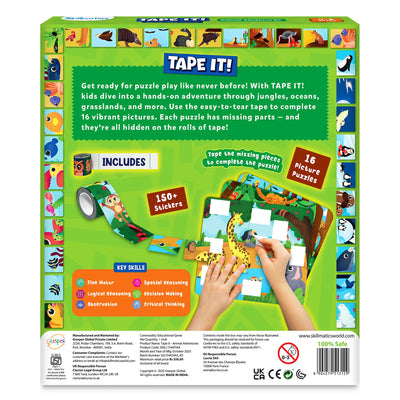 Back of Skillmatics Tape It! Animal Adventures box showing detailed product overview. Text invites kids to explore puzzles through jungles, oceans, and grasslands using easy-to-tear tape. Includes visuals of tape rolls, puzzle boards, and hands placing missing pieces. Side panels feature animal icons, while a skill chart lists Fine Motor, Spatial Reasoning, Logical Reasoning, Observation, Decision Making, and Critical Thinking skills.