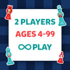 Bold graphic highlighting game details with large text reading “2 Players,” “Ages 4–99,” and an infinity symbol labeled “Play.” Red and teal chess pieces decorate the corners against a dark blue patterned background, emphasizing unlimited replay value, simple setup, and suitability for children and adults learning chess together.