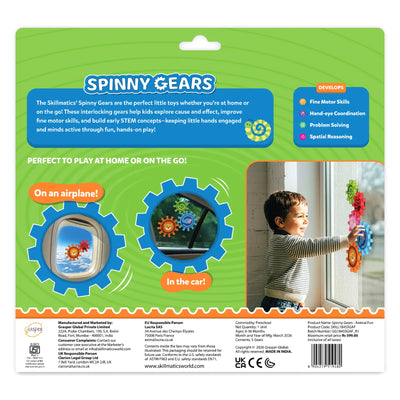 Back of Skillmatics Spinny Gears Animal Fun 5-gear box on green background. Includes product description and skills: Fine Motor Skills, Hand-eye Coordination, Problem Solving, and Spatial Reasoning. Shows animal gears on airplane and car windows. A smiling boy sticks colorful animal gears to a window. Bottom has safety certifications, barcode, and manufacturer details.
