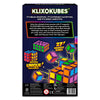 Back view of the Skillmatics Klixokubes puzzle box featuring product highlights, challenge descriptions, and colorful magnetic cube illustrations. The packaging showcases completed puzzle structures, emphasizes 27 magnetic cubes and unique challenges, and includes product details, safety information, and a barcode.