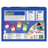 Back panel of The Handwriting Practice Kit showing product details, learning benefits, and included materials. Sections list developmental skills, key abilities such as writing and focus, and four stage-based books covering patterns, letters, numbers, and sight words. Images of pencils, books, safety icons, and a child practicing complete the layout.