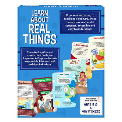 Back of the Skillmatics “Learn About Real Things” box showing sample flashcards such as Emergency Exits, Time Zones, Food Allergies, Reservations, Electrolytes, and Infrastructure. Text highlights real-world topics and explains they build responsibility and confidence. A callout notes flashcards explain “what it is and why it exists.”