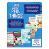 Back of the Skillmatics “Learn About Real Things” box showing sample flashcards such as Emergency Exits, Time Zones, Food Allergies, Reservations, Electrolytes, and Infrastructure. Text highlights real-world topics and explains they build responsibility and confidence. A callout notes flashcards explain “what it is and why it exists.”