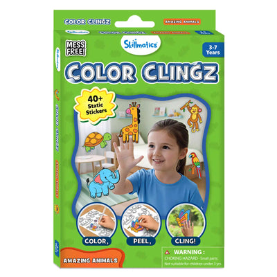 Front view of the Skillmatics Color Clingz Amazing Animals box designed for ages 3–7. The green packaging highlights “Mess Free” play and “40+ Static Stickers.” A child is shown smiling while placing animal clings on a window, including a giraffe, elephant, turtle, monkey, and parrot. Step icons at the bottom read Color, Peel, and Cling, with a safety warning printed below.