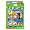 Front view of the Skillmatics Color Clingz Amazing Animals box designed for ages 3–7. The green packaging highlights “Mess Free” play and “40+ Static Stickers.” A child is shown smiling while placing animal clings on a window, including a giraffe, elephant, turtle, monkey, and parrot. Step icons at the bottom read Color, Peel, and Cling, with a safety warning printed below.