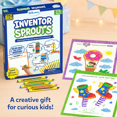 Skillmatics Inventor Sprouts activity kit displayed as a gift beside wrapped presents with retractable crayons and two completed invention pages. The colorful artwork features a donut-shaped hot air balloon and spring-loaded flying boots, highlighting the kit as a creative gift for curious children aged 5–10.