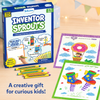 Skillmatics Inventor Sprouts activity kit displayed as a gift beside wrapped presents with retractable crayons and two completed invention pages. The colorful artwork features a donut-shaped hot air balloon and spring-loaded flying boots, highlighting the kit as a creative gift for curious children aged 5–10.