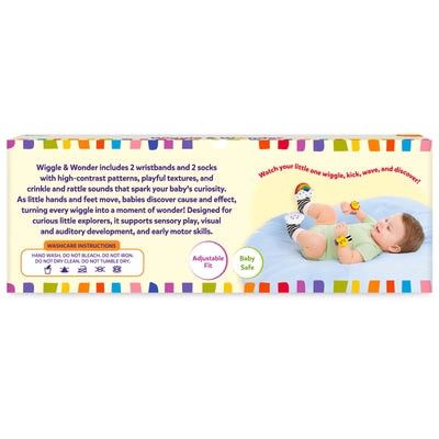 Wiggle & Wonder back packaging showing two wristbands and two socks with high-contrast patterns, textures, crinkle and rattle sounds. The box features a baby using the products, plus adjustable fit and baby-safe badges, colorful border accents, and wash-care instructions.