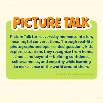 Picture Talk product information panel featuring the game logo and a description explaining how real-life photographs and open-ended questions help children explore familiar situations from home, school, and everyday life while building confidence, empathy, and self-awareness.