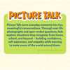 Picture Talk product information panel featuring the game logo and a description explaining how real-life photographs and open-ended questions help children explore familiar situations from home, school, and everyday life while building confidence, empathy, and self-awareness.