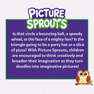 Informational graphic for Skillmatics Picture Sprouts featuring the product logo above a descriptive text panel explaining how simple shapes can become imaginative drawings. An illustrated owl sits in the bottom corner, reinforcing the creative drawing theme with a clean, easy-to-read layout.