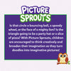 Informational graphic for Skillmatics Picture Sprouts featuring the product logo above a descriptive text panel explaining how simple shapes can become imaginative drawings. An illustrated owl sits in the bottom corner, reinforcing the creative drawing theme with a clean, easy-to-read layout.