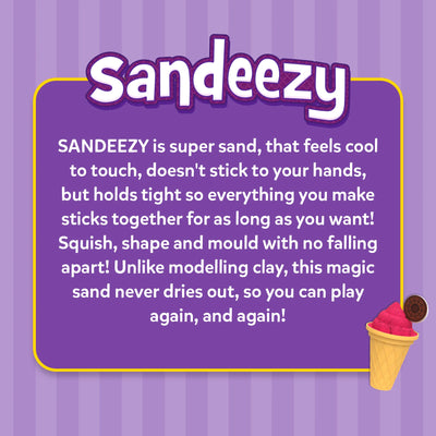 Informational graphic of Sandeezy super sand that feels cool, non-sticky, shape-holding, and moist