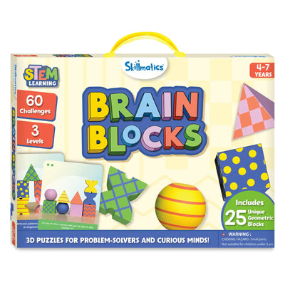 Front view of the Skillmatics Brain Blocks box with a carry handle. Packaging shows colorful geometric blocks, challenge cards, and branding. Text highlights STEM learning, 60 challenges, 3 levels, and ages 4–7. A badge notes inclusion of 25 unique geometric blocks, with a tagline reading “3D puzzles for problem-solvers and curious minds.”