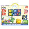Front view of the Skillmatics Brain Blocks box with a carry handle. Packaging shows colorful geometric blocks, challenge cards, and branding. Text highlights STEM learning, 60 challenges, 3 levels, and ages 4–7. A badge notes inclusion of 25 unique geometric blocks, with a tagline reading “3D puzzles for problem-solvers and curious minds.”