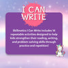 Purple learning activity card with pink paint splatter design from I Can Write Unicorn Edition Reusable Activity Mats