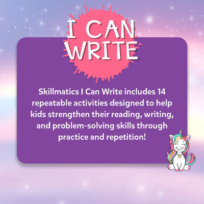 Purple learning activity card with pink paint splatter design from I Can Write Unicorn Edition Reusable Activity Mats