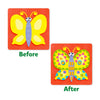 Colorful butterfly puzzle showing before and after textured wing and body designs for Kids