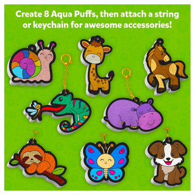 Colorful animal-shaped craft accessories with strings and keychains from Aqua Puffs Animal Friends kit
