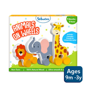 Wooden toy set of three animals on wheels for toddlers ages 9 months to 3 years
