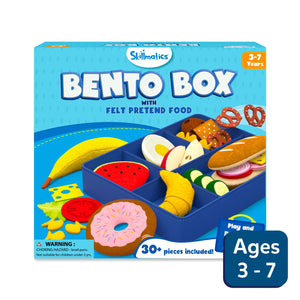 Blue toy bento box with colorful felt pretend food for kids ages 3 to 7