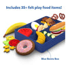 Blue bento box filled with colorful felt play food for pretend play kitchen toys