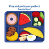 Blue bento box filled with colorful toy food items for pretend play kitchen fun