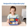 Young girl holding a blue toy bento box filled with pretend play food items