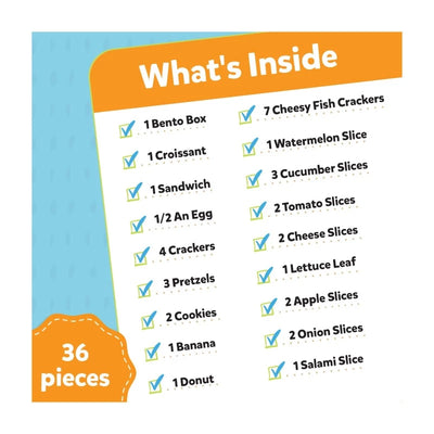 Colorful list of food items and a blue Bento Box for pretend play kitchen toys for ages 3 to 7