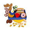 Blue Bento Box filled with pretend play food including sandwich watermelon donut and more