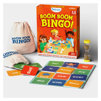 Children’s Boom Boom Bingo board game for ages 5-8 with game board, word cards, bag, and sand timer