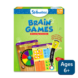 Skillmatics Brain Games activity set with reusable write and wipe mats and marker for ages 6 to 99