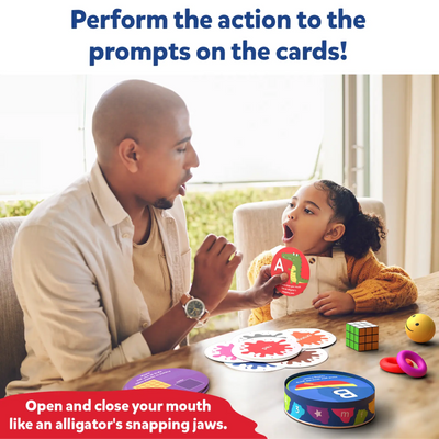 Educational game for children with flash cards prompting actions for early learning