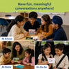 Skillmatics Picture Talk shown in three settings: children discussing photo cards together at school, a family using the cards at home, and two children reading a question card in a car. The image highlights how the conversation game encourages meaningful discussions wherever children are.