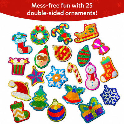 Skillmatics Foil Fun Christmas activity showing 25 double-sided glitter ornaments arranged on a white background. The colourful foil designs include stockings, bows, stars, snowflakes, trees, bells, gifts, candy canes and baubles in festive red, green, gold, blue and silver shades.