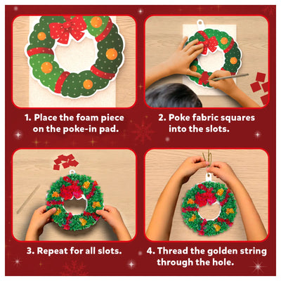 Four-step Christmas wreath making guide from Poke-in Art DIY Christmas Decor for Kids