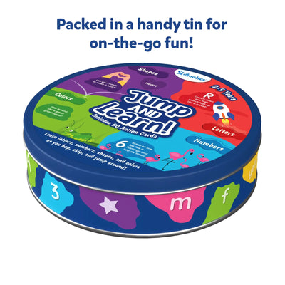 Blue round tin with Jump and Learn action cards for toddlers learning letters and shapes
