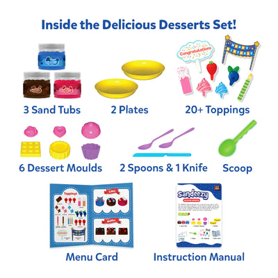 Children’s play set for making pretend desserts with sand and molds from Sandeezy Delicious Desserts