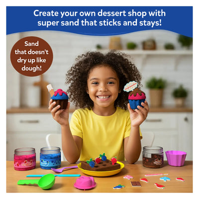 Smiling child holding colorful sand-based dessert creations from Sandeezy sensory toy set