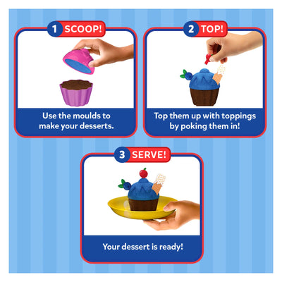 Three-step guide for making and decorating a toy dessert from Sandeezy Delicious Desserts set