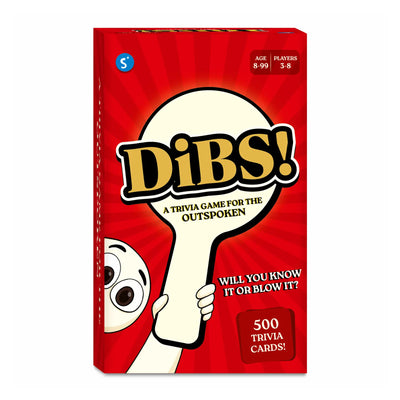 Red Dibs Trivia Card Game box with cartoon hand holding a white speech bubble