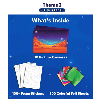 Children’s space-themed art kit with canvases foam stickers and foil sheets for Cosmic Dino Delights Bundle