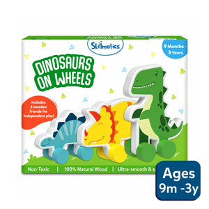 Colorful wooden dinosaur toys on wheels for kids aged 9 months to 3 years