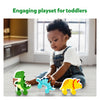 Toddler playing with Wooden Dinosaur Toys on Wheels from Dinosaurs on Wheels collection