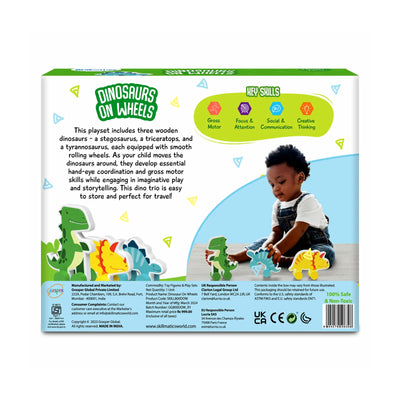 Wooden dinosaur toy set with three dinosaurs on wheels for children ages 9 months to 3 years