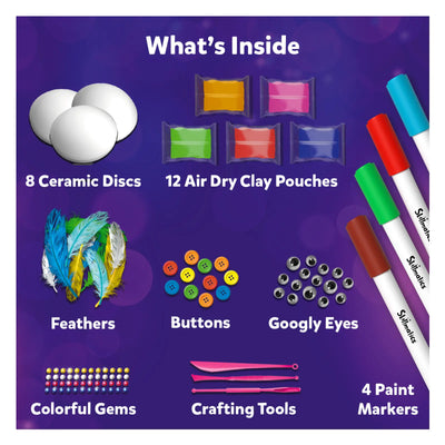 Children’s craft kit with ceramic discs, air dry clay, feathers, buttons, googly eyes, gems, tools, and paint markers for kids ages 4-12
