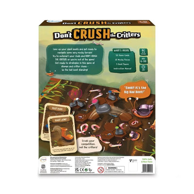 Back of Don’t Crush The Critters Board Game box showing colorful artwork and game details