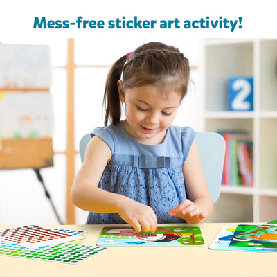 Young girl creating sticker art with Dot it Animals & Dinosaurs Combo for kids ages 3-7